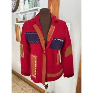 Christopher Banks‎ Red Boiled Wool Patchwork Cardigan Jacket Blazer Womens Large